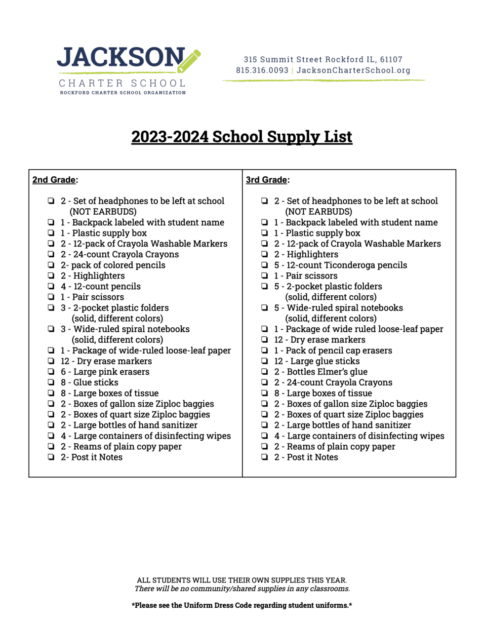 Supply Lists Jackson Charter School Public School in Rockford IL